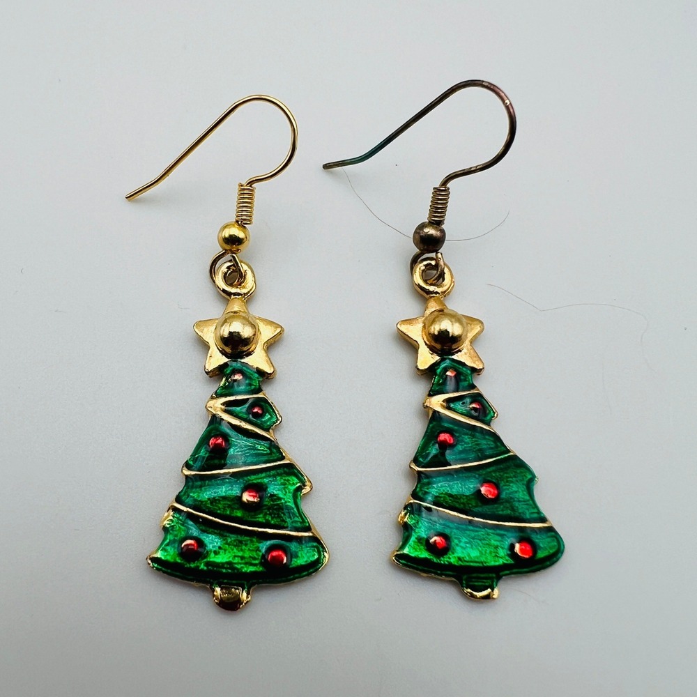 Vintage‎ Christmas Tree Dangle Earrings Pierced Gold Tone Green Red Enamel Drop